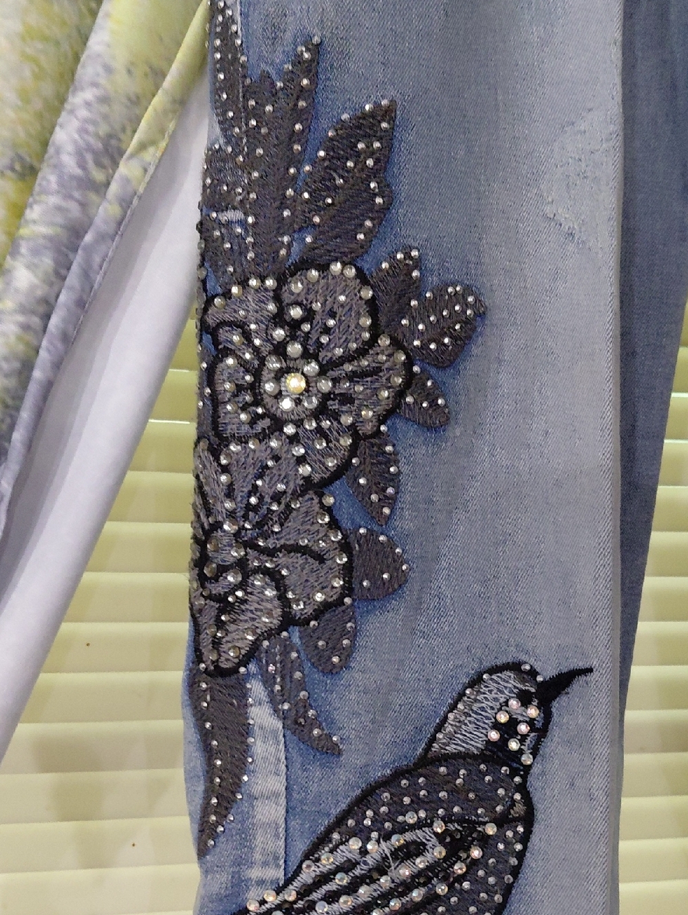 Embellished Light Blue Women's Jeans with Bird & Floral Appliqué Juliette 10 - Picture 2 of 5